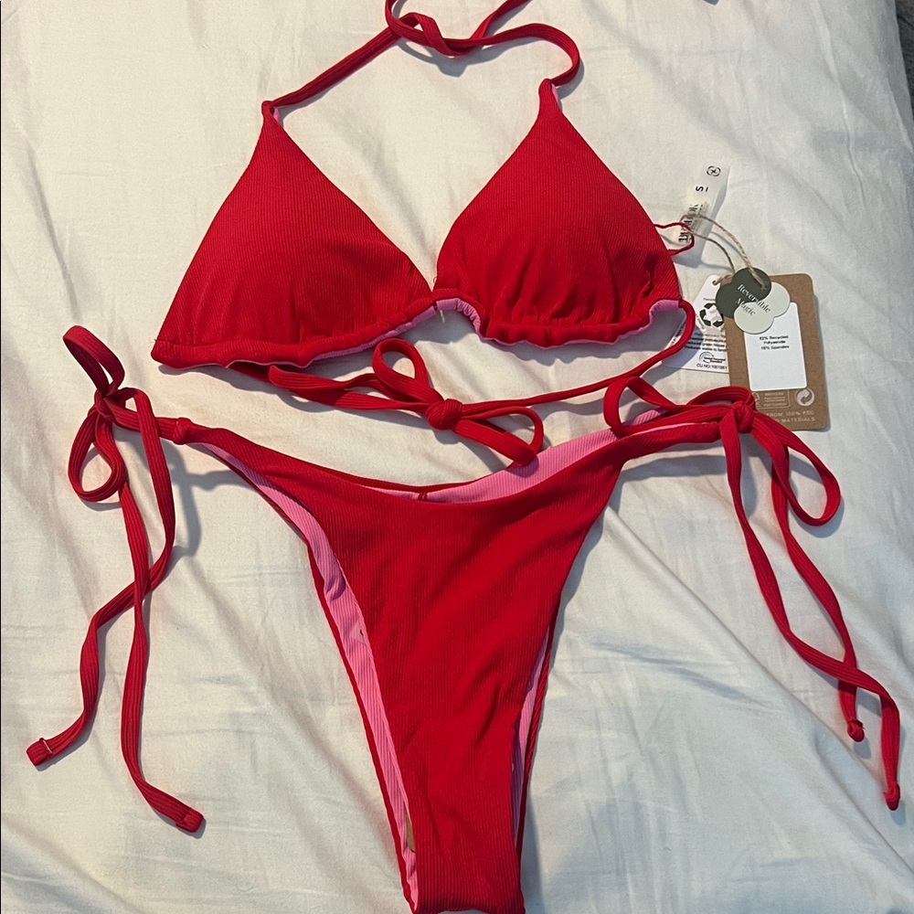 Ribbed Red Tie-Side Bikini Set Small Berlook